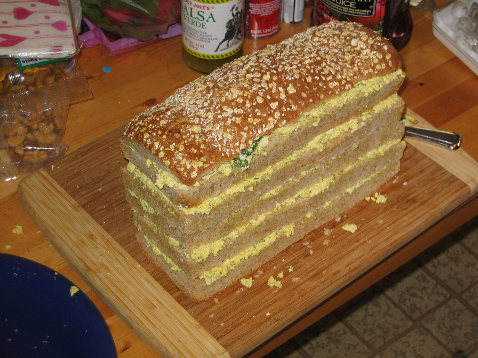 Sandwich loaf layered with egg filling